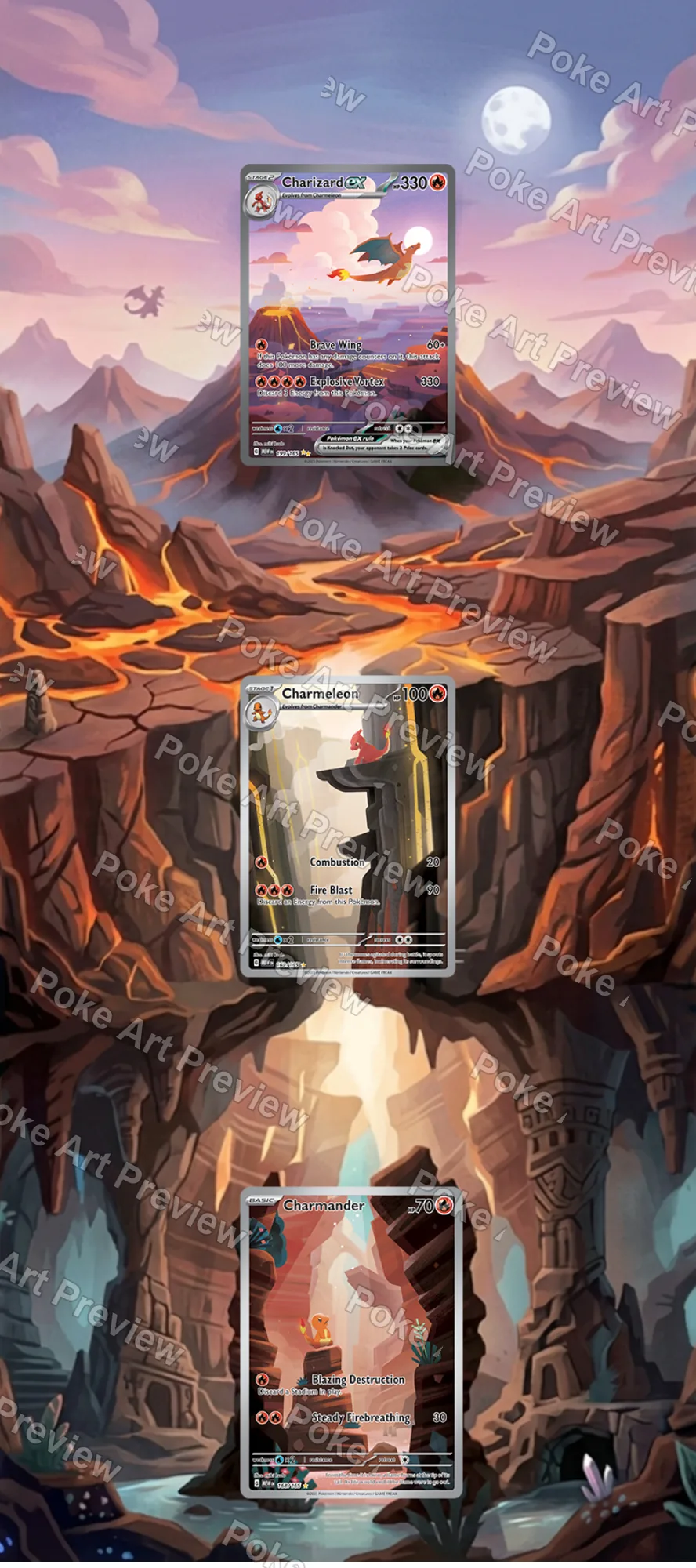 Charmander, Charmeleon and Charizard ex Scarlet & Violet 151 Pokemon TCG extension art collector display