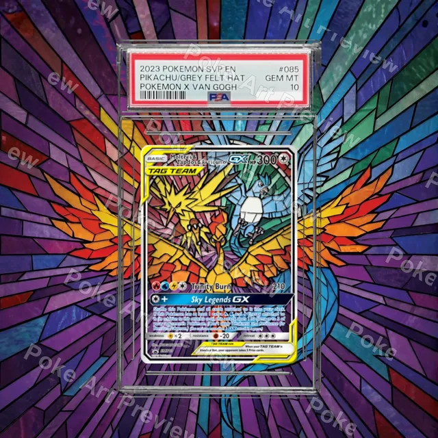 Moltres, Zapdos and Articuno GX Hidden Fates Stained Glass Promo Pokemon TCG extension art collector display