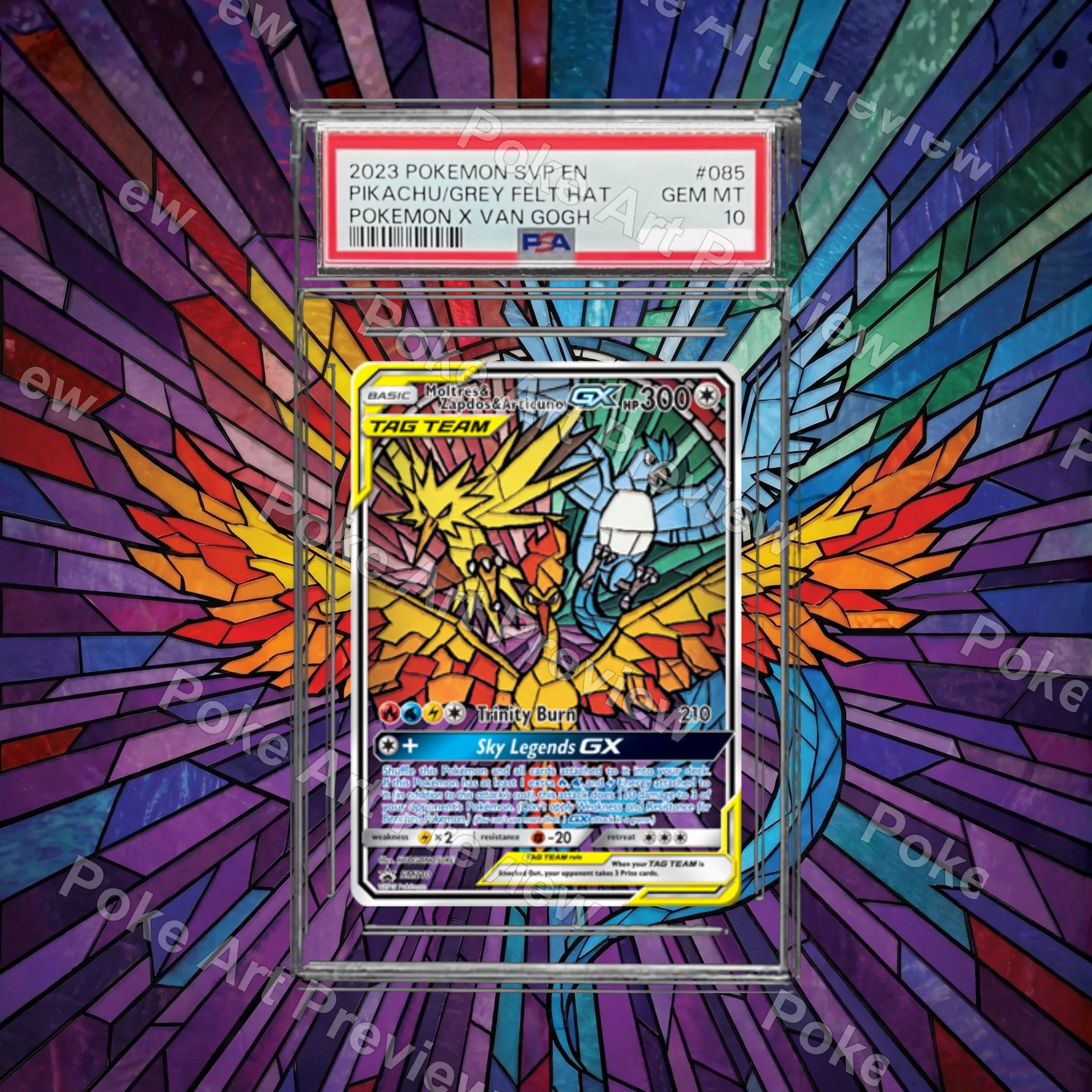 Moltres, Zapdos and Articuno GX Hidden Fates Stained Glass Promo Pokemon TCG extension art collector display